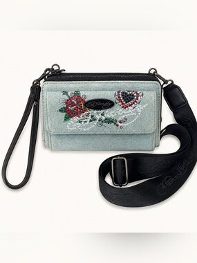 Ed Hardy Pale Blue Embroidered Floral Crossbody Wallet with Black Strap